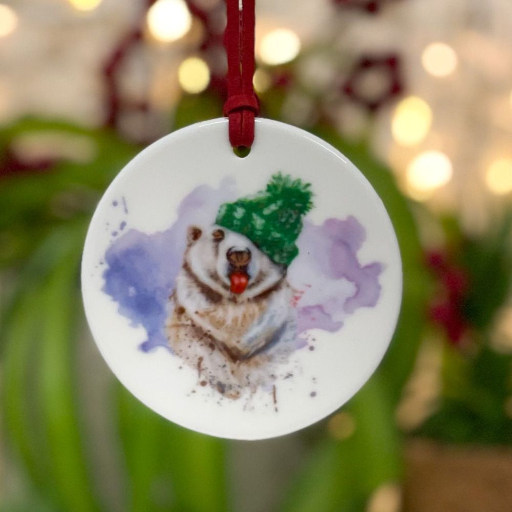 Festive Ceramic Hanging Disc - Bear Christmas Decoration