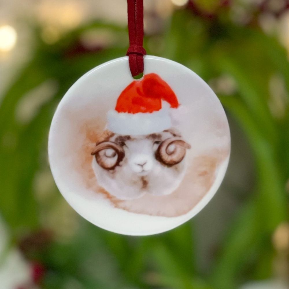 Festive Ceramic Hanging Disc - Sheep Christmas Decoration