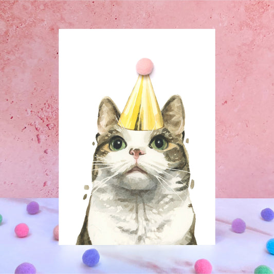 Tabby & White Cat PomPom Birthday Card