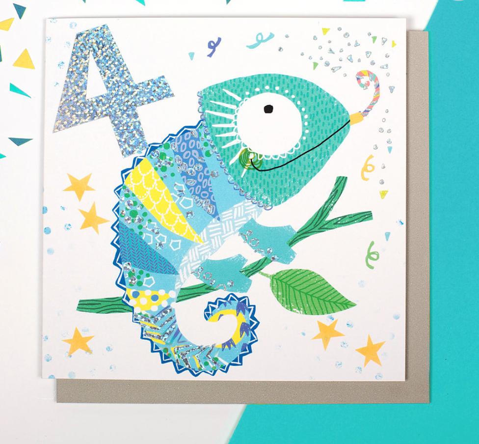 Chameleon Age 4 -  Children's Birthday Card - Blind Giraffe