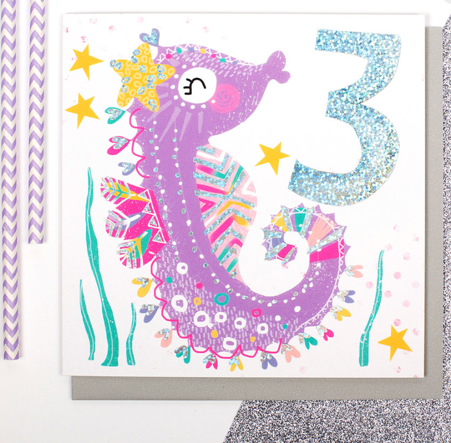 Seahorse Age 3 -  Children's Birthday Card - Blind Giraffe