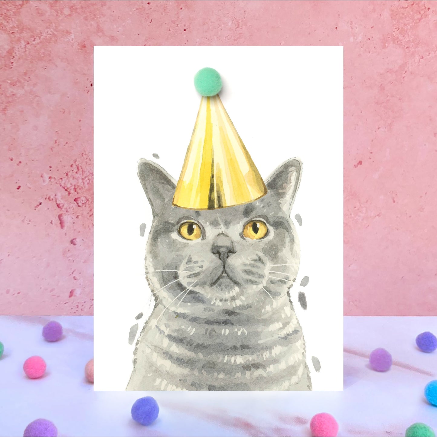 British Blue Shorthair Cat PomPom Birthday Card